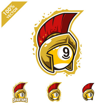 Billiard 9 ball with Spartan helmet logo vector illustration for club or team. Scalable and editable 4 variation vector.