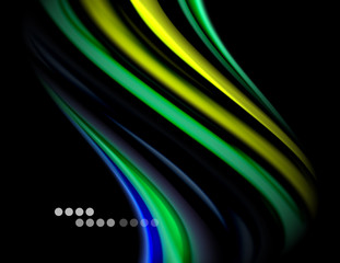 Silk smooth lines on black, liquid fluid color waves. Vector Illustration