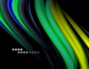 Silk smooth lines on black, liquid fluid color waves. Vector Illustration