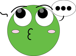 Green innocent emoji. Guilty emoticon, acting as if innocent, with eyes pointing upward, whistling and three dots over its head as if hiding guilt over doing something naughty. 