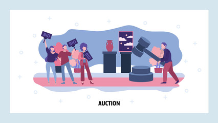 Auction business concept. People make bid in public auction house. Vector web site design template. Landing page website concept illustration