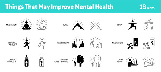 Things that may improve mental health icon set, 18 icons