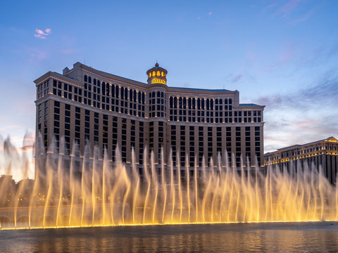 Las Vegas, Nevada - June 5, 2018 : The Fountains of Bellagio Resort and Casino at dusk. The fountains of the Bellagio draw huge crowds during the day and night.