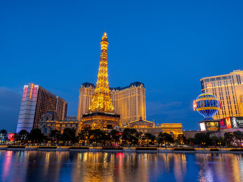  Downtown, Las Vegas Strip at night on June 5, 2018. Landmarks, Paris Hotel-Casino, fountains, Eiffel Tower.