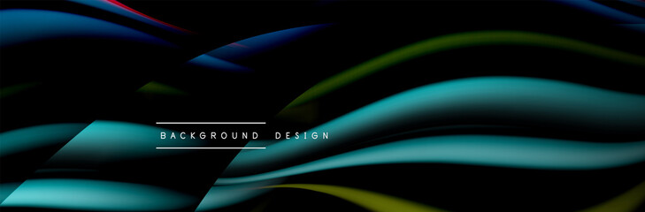 Сolorful flow poster. Wave liquid lines and shapes in black color background. Vector Illustration