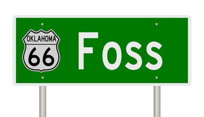Rendering of a green 3d highway sign for Foss Oklahoma on Route 66
