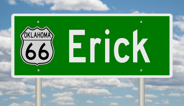 Rendering of a green 3d highway sign for Erick Oklahoma on Route 66