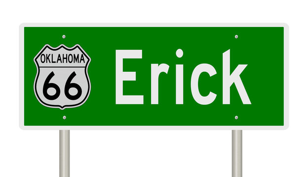 Rendering of a green 3d highway sign for Erick Oklahoma on Route 66