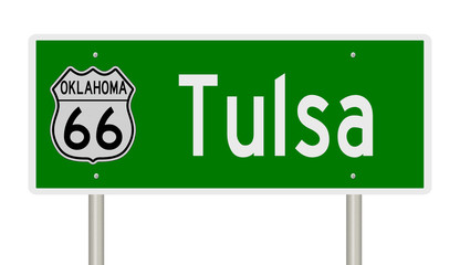 Rendering of a green 3d highway sign for Tulsa Oklahoma on Route 66