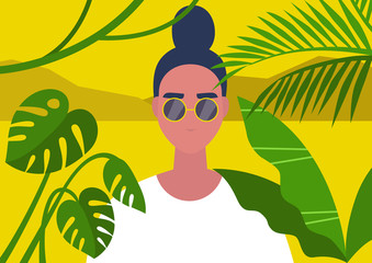 Jungle nature, travel destinations, A portrait of a young female character framed by tropical plant leaves
