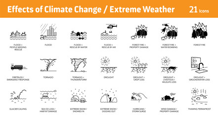 Effects of Climate Change, Extreme Weather Icon Set, 21 icons - obrazy, fototapety, plakaty