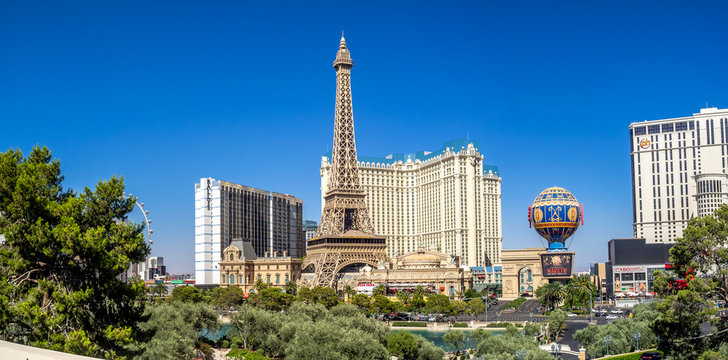 Las Vegas, Nevada / USA - June 9, 2018: The Paris hotel in Las Vegas, Nevada. The hotel includes a half scale, 541-foot (165 m) tall replica of the Eiffel Tower.