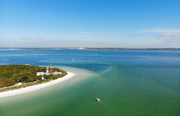 Aerial landscape view of the lighthouse and lighthouse beach on Sanibel Island in Lee County, Florida, United States