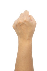 Obraz premium Female hand showing black hand fist on white background