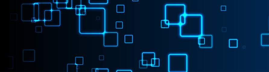 Bright blue neon geometric squares abstract technology background. Vector banner design