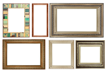 collection of vintage silver and wood picture frame, isolated on white