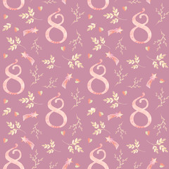 March 8 seamless pattern. International Women's Day. Watercolor illustration, delicate pink flowers.