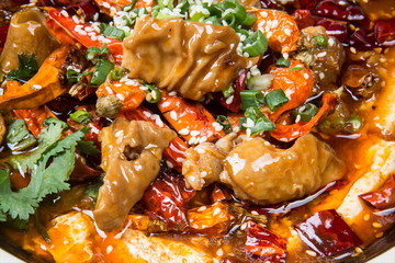 This is a famous hot pot dish in Chengdu, Sichuan Province, China. It's made of all kinds of meat and peppers. It's spicy but delicious