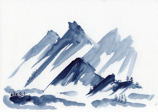 Watercolor landscape of mountains and pine trees in Chinese Ink technique. Hand drawn calm mountains background for relaxation, meditation & restoration. Paper arts sketch. Asian style sumi-e painting