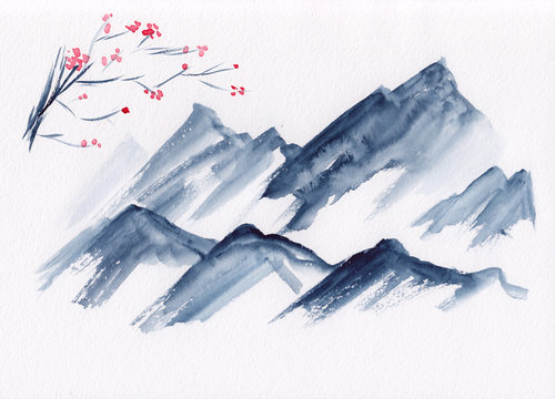 Watercolor landscape of mountain peaks with tree branch in bloom in Chinese Ink technique. Hand drawn calm mountains background - relax, restore & do meditation. Asian style sumi-e grisaille painting.
