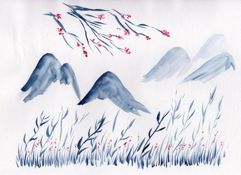 Watercolor landscape of mountains, tree & grass in Chinese Ink technique. Hand drawn calm mountains background for relaxation, meditation & restoration. Paper arts sketch. Asian style sumi-e painting