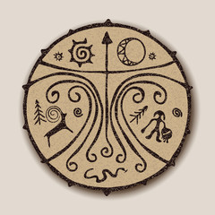 Vector drawing, improvisation on the theme of shamanic tambourine. The ancient culture of the peoples of Siberia.