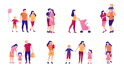 Fototapeta na wymiar Adults and children together flat illustration set. A collection of people and family relationships, joint leisure and entertainment together. Family values, embrace, care, motherhood and love.