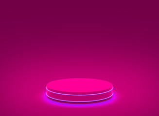 3d shocking pink neon light cylinder podium minimal studio dark background. Abstract 3d geometric shape object illustration render. Display for nightclub party and technology product.
