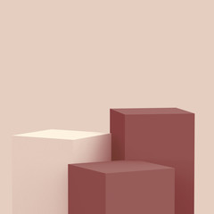 3d brown cubes square podium minimal studio background. Abstract 3d geometric shape object illustration render. Display for cosmetic perfume fashion product. Natural color tones.