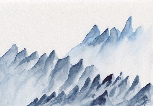 Watercolor painting with asian mountains. Hand drawn oriental style landscape with layers of rocks. Concept for decoration, relaxation, restore, meditation background. Watercolor in Chinese ink style.