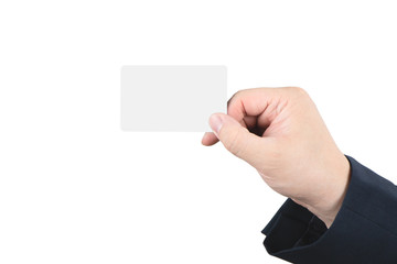Fototapeta premium Close up of businessman's hand in suit holding a blank card in hand isolated on white background with copy space. Business concept.