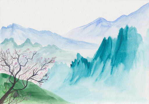 Watercolor painting of layers of blue to green mountains with a blooming sakura tree in spring. Abstract hand painted meditative nature landscape in oriental style.