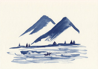 Watercolor painting with asian mountains with river & fisherman. Hand drawn oriental style landscape illustration with layers of rocks. Concept for decoration, relax, restore, meditation background.