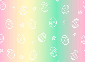 White Easter decorative eggs and small flowers on a soft rainbow background. Vector seamless pattern for festive design, Easter holiday wrapping paper, banner, packaging, printing on fabric or textile