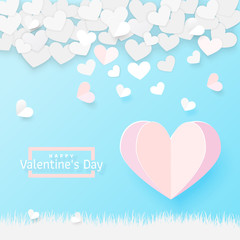 Paper art style of valentine's day greeting card. Origami pink paper balloon heart shape flying on the sky over the grass. Valentine's day holiday card. 