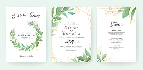 Fototapeta na wymiar Greenery wedding invitation card template set with leaves wreath and border. Flowers decoration for save the date, greeting, poster, cover, etc. Botanic illustration vector