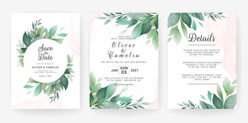 Wedding invitation card template set with leaves border. Flowers decoration for save the date, greeting, poster, cover, etc. Botanic illustration vector - obrazy, fototapety, plakaty