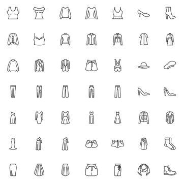 Women's clothing line icons set. linear style symbols collection, ladieswear outline signs pack. vector graphics. Set includes icons as elegant dress, luxury shoes, skirt, female blouse, hat, gown