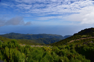 Fototapeta na wymiar Landscape of green mountains of Madeira Island - view from the trial to Pico Ruivo.