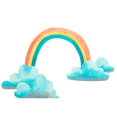 Fototapeta premium Colorful bright watercolor rainbow with clouds. Isolated on white background. Children, baby print