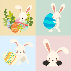 Set of cute kawaii cartoon flat vector easter white bunny, rabbit with decorative eggs, and spring flowers and burrow