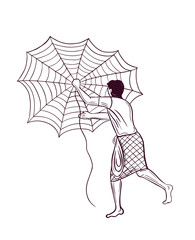 indian fisherman throwing net line drawing vector