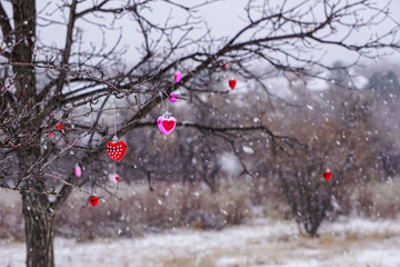 Heart ornaments for Valentine's Day hanging from outdoor tree branches in snowstorm