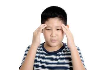 Young Asian preteen boy  having headache. isolated on white.