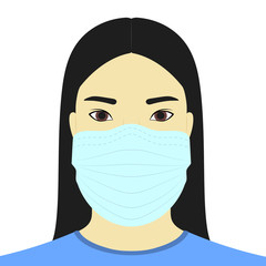 Asian girl in medical mask isolated on white background. Vector illustration