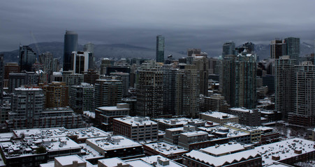 Naklejka na ściany i meble Cityscape View Winter Snow Covered Mountains Marina Skyscrapers