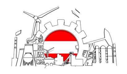Energy and power industrial concept. Gear with flag of the Austria. Energy generation and heavy industry. 3D rendering. Thin line style