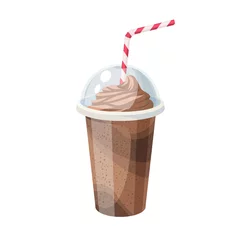 Fotobehang Colorful fruit milkshake design. Plastic cup with lid and straw, full of chocolate milk shake. Vector illustration cartoon flat icon isolated on white. © mything
