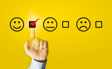 Businessmen choose to rating score happy icons. Customer service experience and business satisfaction survey concept