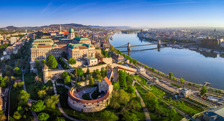 Budapest, Hungary - Aerial panoramic skyline view of Buda Castle Royal Palace with Szechenyi Chain...